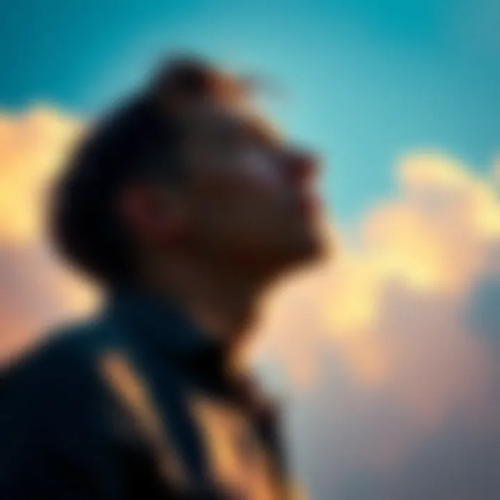 Individual gazing thoughtfully at clouds, symbolizing struggles with faith and divine connection.