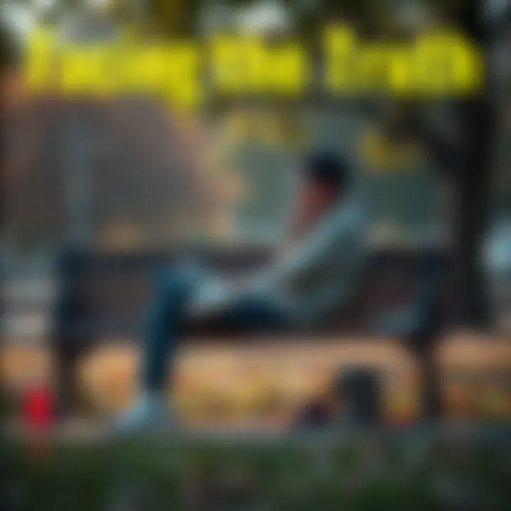 A person sitting on a park bench, looking contemplative, surrounded by distractions like a phone and a book, symbolizing the struggle between awareness and action.