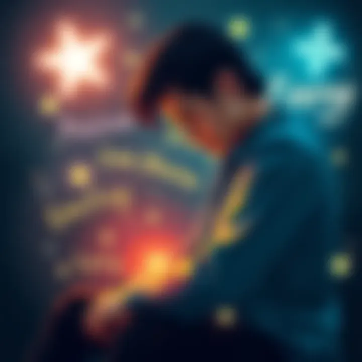 A person sitting with their head down, looking thoughtful and low on energy, surrounded by symbols of manifestation like stars and positive words