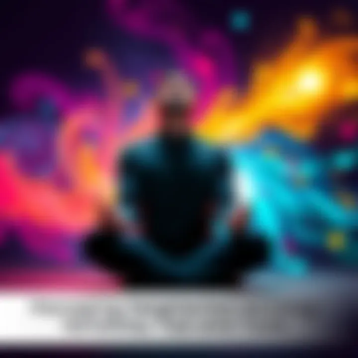 Individual sitting calmly with hands on their knees, eyes closed, surrounded by swirling colorful energy representations, symbolizing the management of heightened emotions and energy sensitivity.