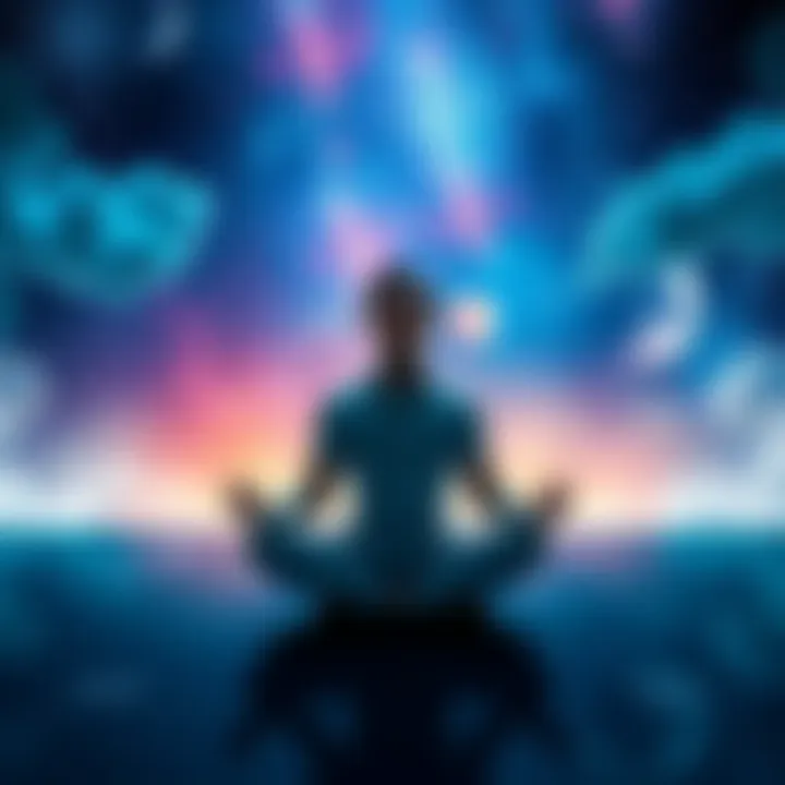 A hopeful individual sitting cross-legged in a serene space, eyes closed, surrounded by dream-like visuals representing their astral projection journey.