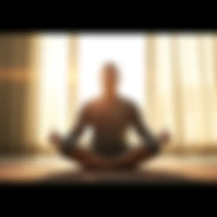 Person meditating A person sitting cross-legged with eyes closed, meditating in a peaceful environment, surrounded by soft light.