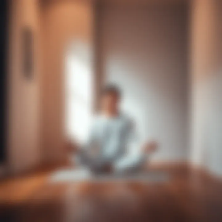 A person sitting cross-legged on the floor, eyes closed, meditating in a calm and serene space with soft lighting and minimal distractions.