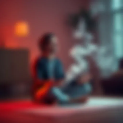 Individual sitting cross-legged on a mat, appearing relaxed yet distracted, with smoke rising nearby, illustrating the blend of smoking and meditation.