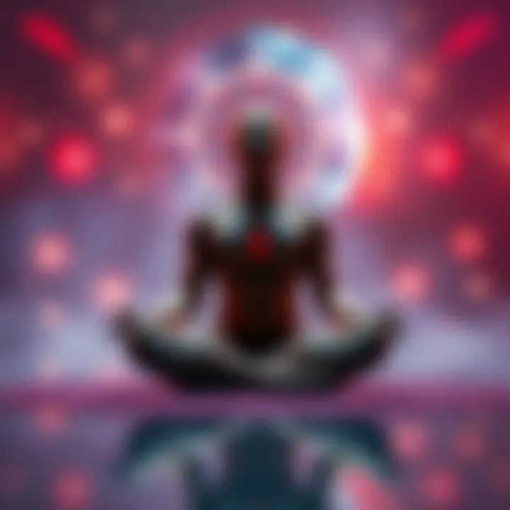 A person sitting in a cross-legged position, surrounded by various archetypal symbols representing different aspects of self-awareness, in a serene setting.