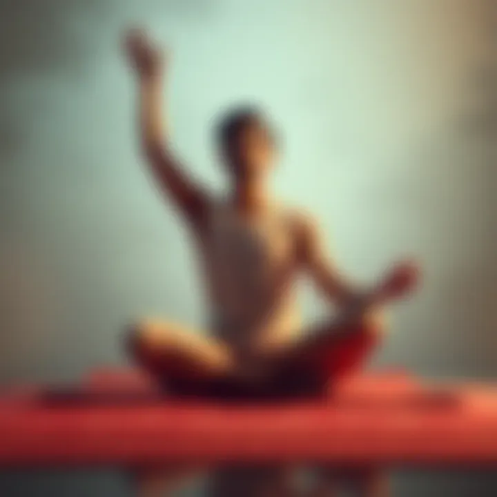 Person sitting cross-legged, arms flapping and legs kicking in a meditation pose, surrounded by soft light.