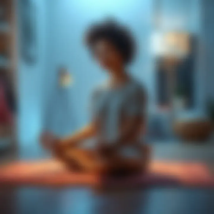 A person sitting cross-legged on a floor, eyes closed, in a meditative position, surrounded by soft lighting and calming decor, focusing on achieving awake shifting.