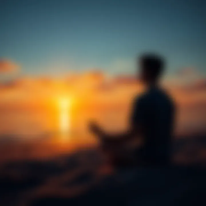 A person meditating on a calm beach at sunset, reflecting on thoughts and feelings.