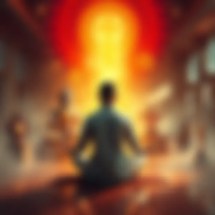 Person meditating with symbols of God and Buddhism A person sitting in meditation, surrounded by symbols representing both Buddhism and a personal relationship with God, reflecting on spirituality.