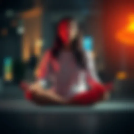 Individual sitting cross-legged, eyes closed, focusing on their breath during meditation