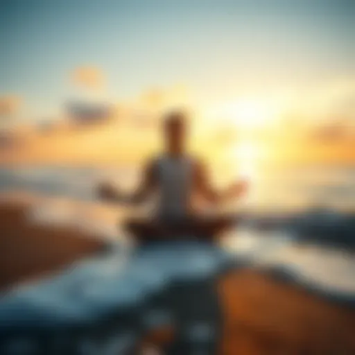 A person sits cross-legged on the beach during sunset, holding seashells and meditating, with waves gently crashing nearby.