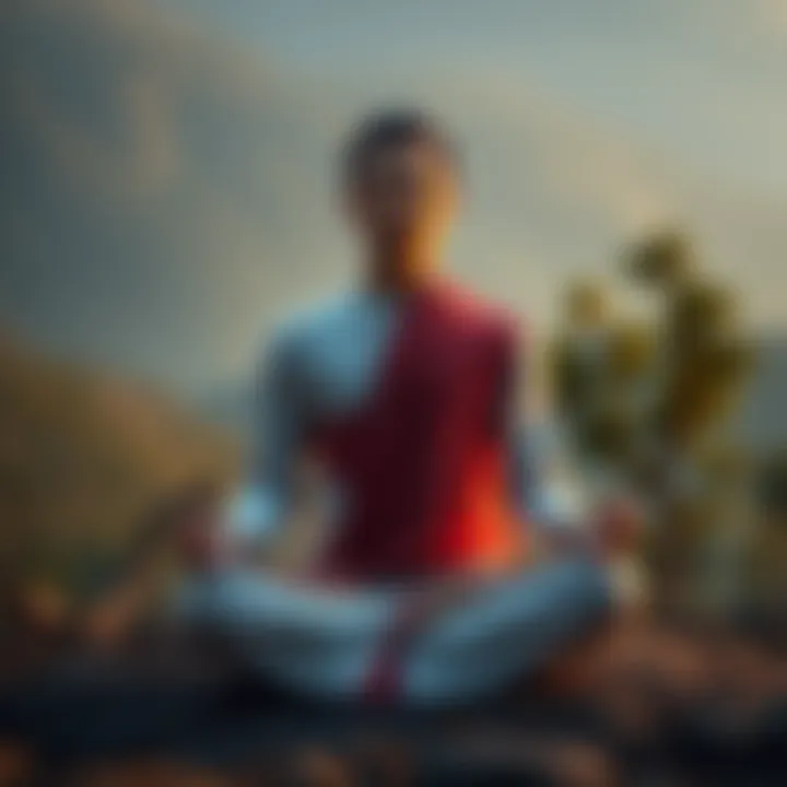 Person meditating in a calm setting Individual sitting cross-legged, meditating with eyes closed in a serene environment, surrounded by nature.