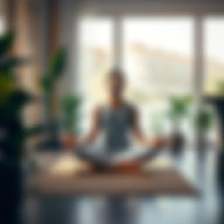 A person sitting cross-legged on a mat, eyes closed, in a peaceful indoor space, surrounded by plants, embodying tranquility and focus during meditation.