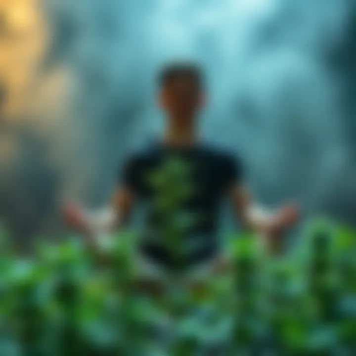 Individual sitting cross-legged, meditating with a cannabis plant in the foreground, surrounded by a soft glow
