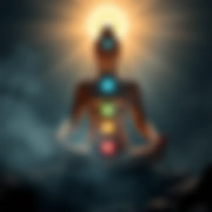 Individual sitting cross-legged, meditating, with visible chakras aligned on their body, surrounded by calming light