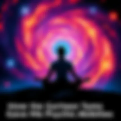 Individual sitting cross-legged in meditation, surrounded by a swirling cosmic backdrop, symbolizing psychic awakening and connection to the universe.