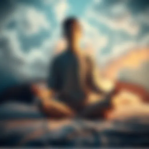 A person sitting cross-legged on a bed, eyes closed, with dreamlike clouds swirling around their head, symbolizing lucid dreaming.