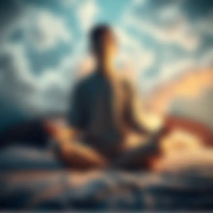 A person sitting cross-legged on a bed, eyes closed, with dreamlike clouds swirling around their head, symbolizing lucid dreaming.