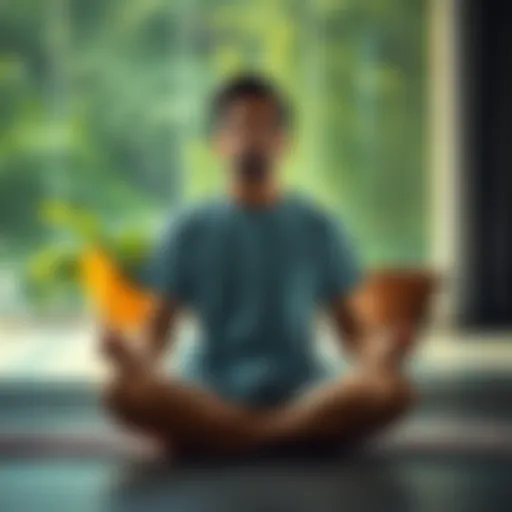 A person sitting cross-legged in a serene environment, eyes closed, appearing to struggle with concentration during meditation