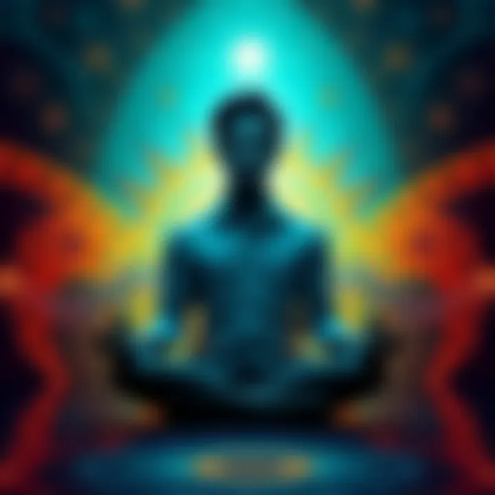 A person sits cross-legged, meditating, with a soft glow emanating from their forehead, surrounded by abstract, colorful patterns representing dream travel and spiritual awakening