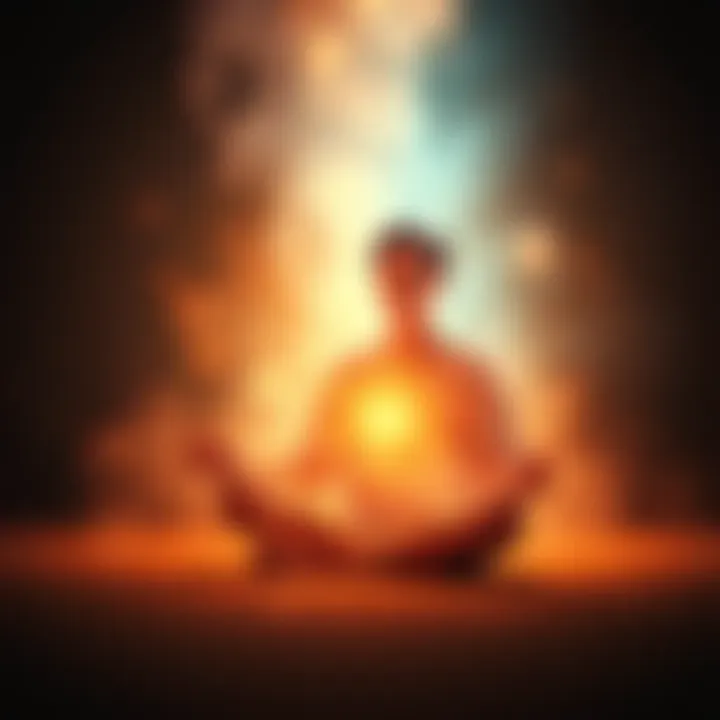 Individual sitting cross-legged in meditation, surrounded by a soft, glowing light, symbolizing the connection between thoughts and spiritual communication.