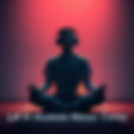 A person sitting cross-legged with headphones on, in a calm setting, focusing on relaxation and meditation, surrounded by soft lighting.