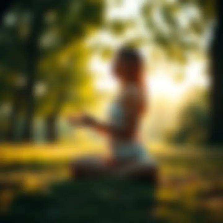 A person sits cross-legged in a serene natural setting, surrounded by trees and soft light, practicing meditation to regain inner peace and energy.