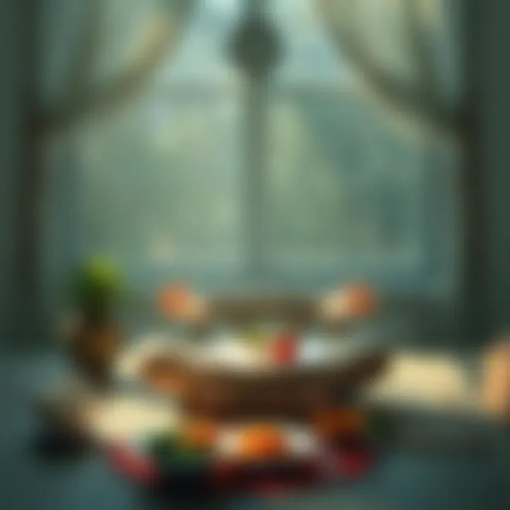 A person sits cross-legged at a table with a simple meal, practicing mindfulness and meditation.