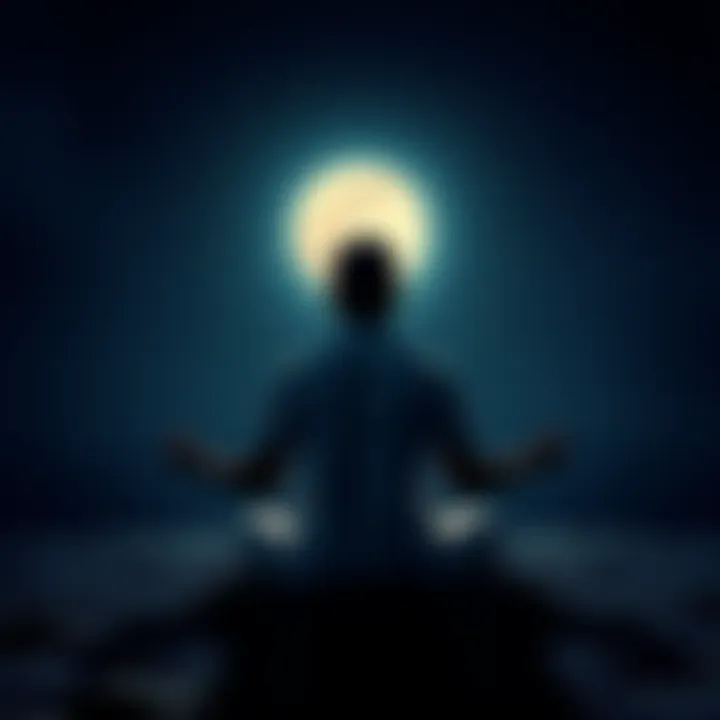 An individual sitting cross-legged on the ground, meditating peacefully with a bright full moon in the background, symbolizing tranquility during emotional challenges.