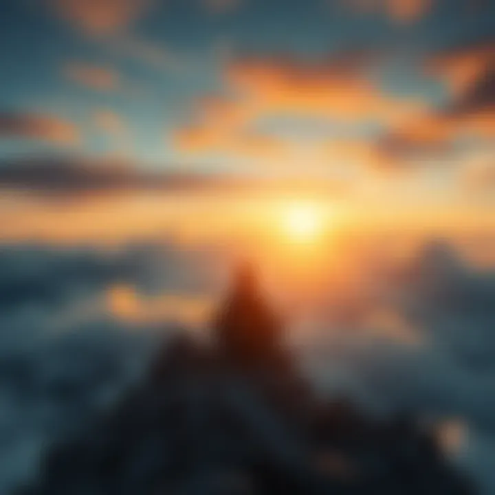 A person sitting cross-legged on a mountain peak, surrounded by clouds, reflecting on life and emotions.