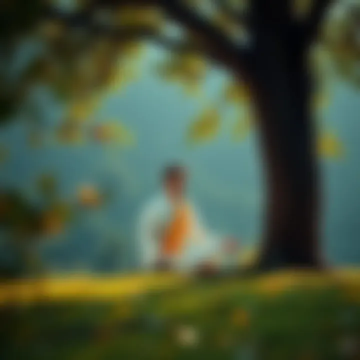A person meditating under a tree with a serene expression, surrounded by nature, symbolizing peace and spiritual connection after sadhana practices.