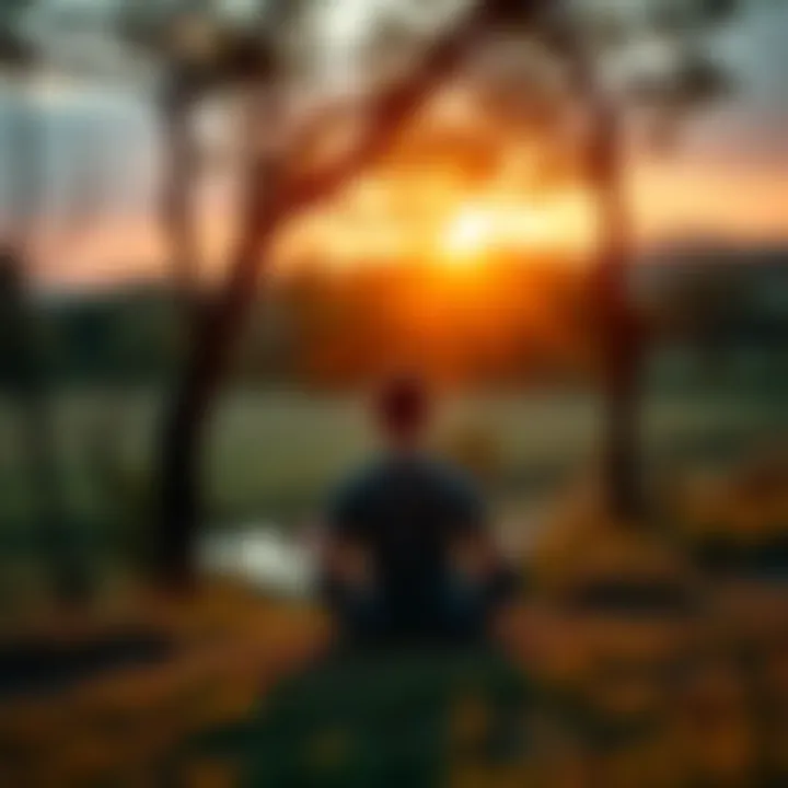 Individual sitting peacefully outdoors, surrounded by trees and nature, reflecting on Taoism