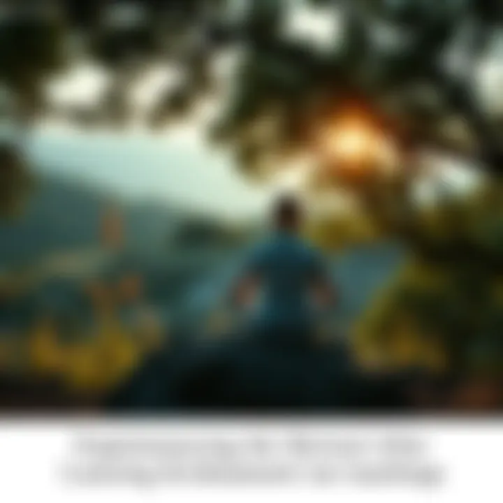 A person sitting cross-legged on a rock, surrounded by trees and a serene landscape, meditating peacefully.