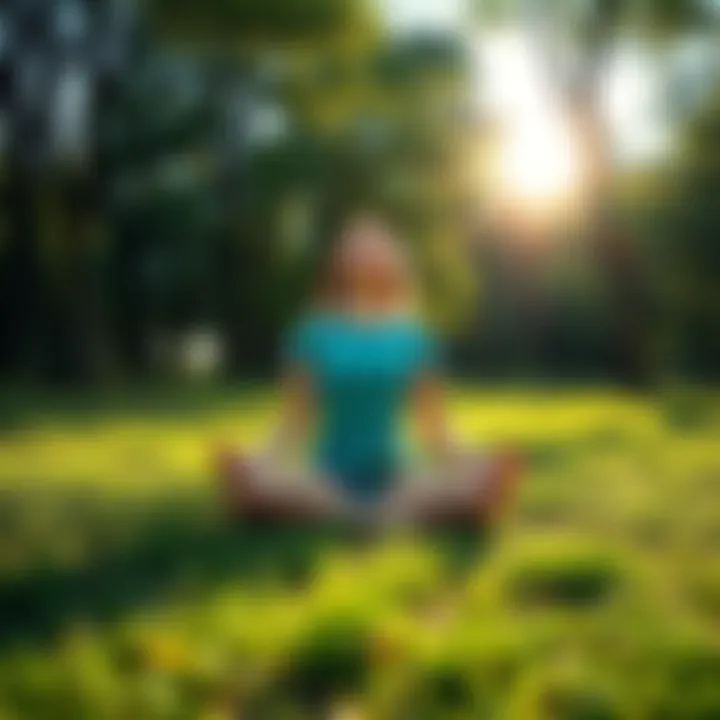 A person sitting cross-legged on grass, surrounded by trees, with closed eyes, practicing meditation while sunlight filters through the leaves.