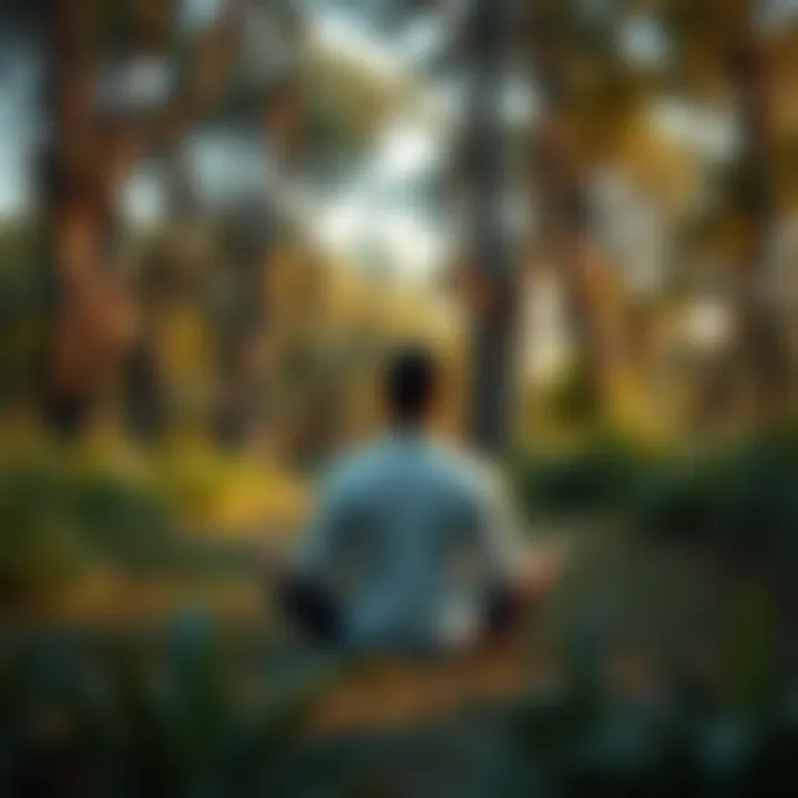 A person meditating in a serene outdoor setting, surrounded by trees and plants, reflecting calmness and mindfulness.