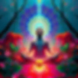 Individual meditating with a peaceful expression surrounded by colorful psychedelic patterns and nature, symbolizing a journey of self-discovery and reflection on life and death.