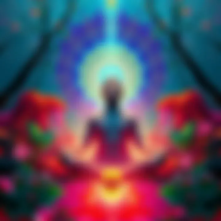 Individual meditating with a peaceful expression surrounded by colorful psychedelic patterns and nature, symbolizing a journey of self-discovery and reflection on life and death.