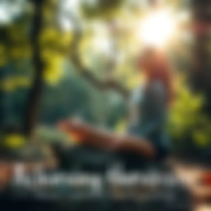 A person sitting cross-legged on a rock in a peaceful forest, eyes closed in meditation, surrounded by trees and sunlight filtering through the leaves.