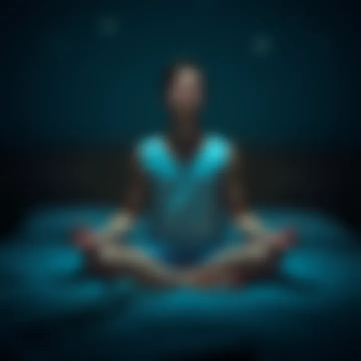 A person sitting cross-legged on a bed, eyes closed, with a serene expression, surrounded by dim light and stars in the background, representing meditation and astral projection while dealing with sle...