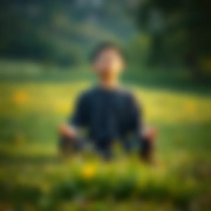 A young person sitting cross-legged on the grass, meditating with eyes closed, surrounded by nature, symbolizing a journey into Buddhism and mindfulness.