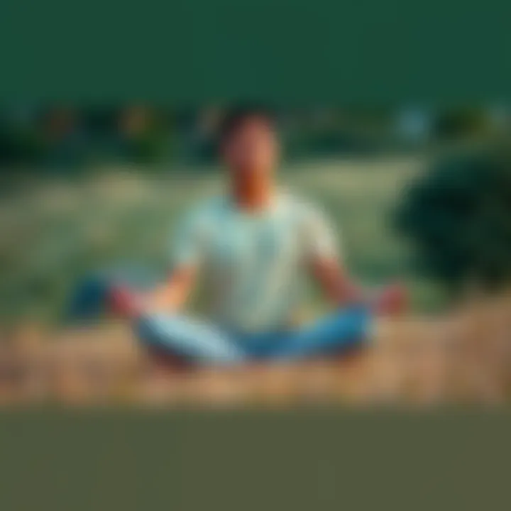 Individual sitting cross-legged on a grassy area, practicing meditation with a serene expression, surrounded by nature.