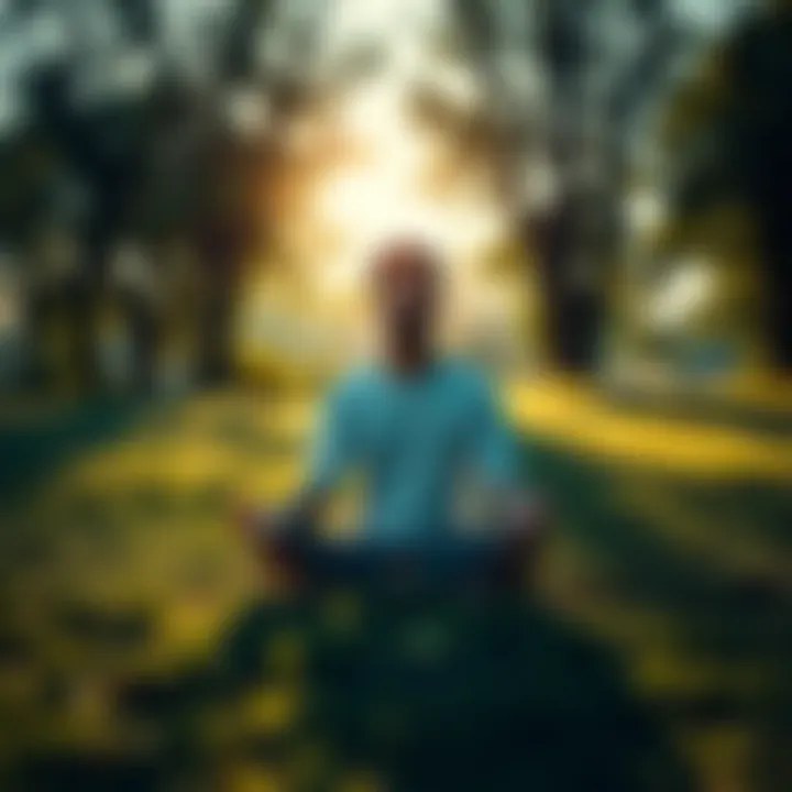 A person sitting cross-legged on the grass, eyes closed in meditation with soft sunlight filtering through trees