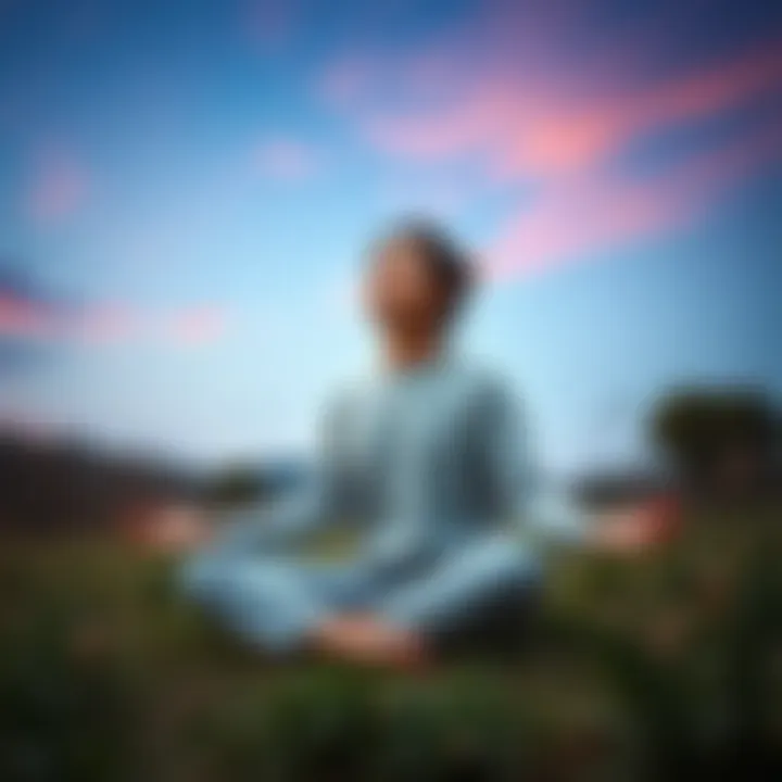 Person meditating outdoors A person sitting cross-legged on grass, eyes closed, practicing meditation in a serene outdoor setting