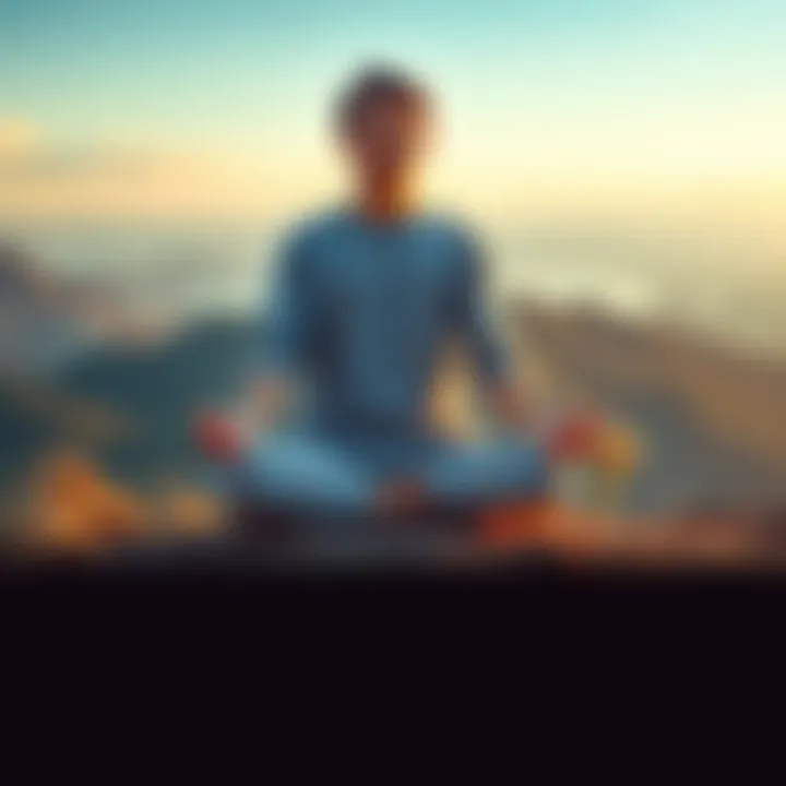 A person sitting cross-legged on a hilltop, with a calm expression, surrounded by nature, symbolizing peace and enlightenment.