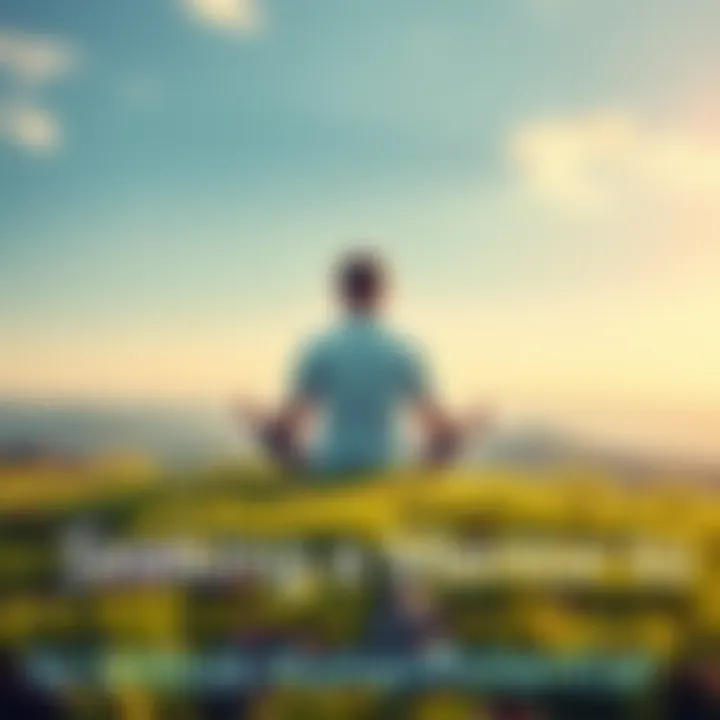 Individual sitting cross-legged on a grassy hill, eyes closed, practicing meditation with a serene landscape in the background.