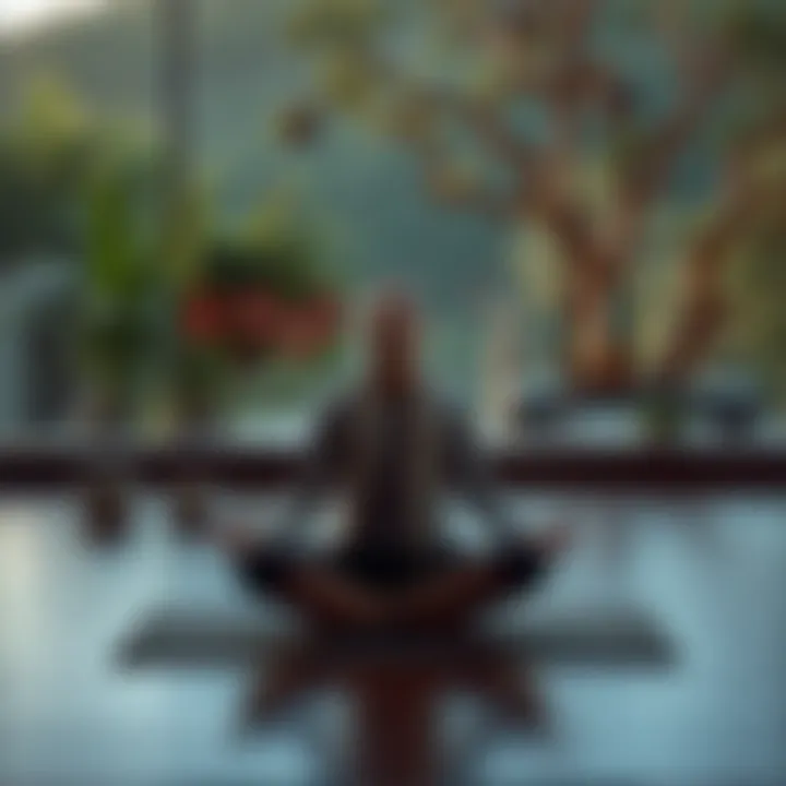 A person sitting cross-legged on a mat in a serene setting, eyes closed and practicing meditation