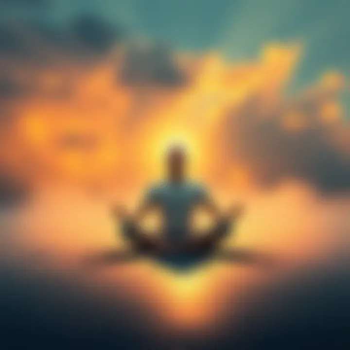 A person sitting cross-legged in a tranquil environment, eyes closed, radiating calm and serenity, representing enlightenment and inner peace