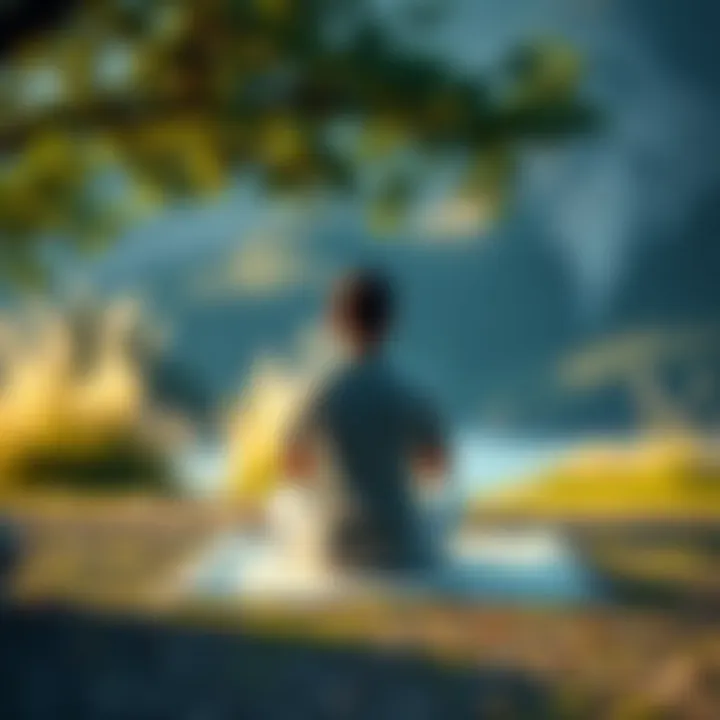 Individual sitting cross-legged on a mat surrounded by calm nature, focusing on inner peace and emotional healing
