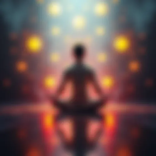 A person sitting cross-legged in meditation surrounded by glowing symbols of positivity and energy, representing belief in manifestation.