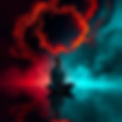 Individual sitting cross-legged in a serene environment, surrounded by dark, swirling images representing scary thoughts during meditation.